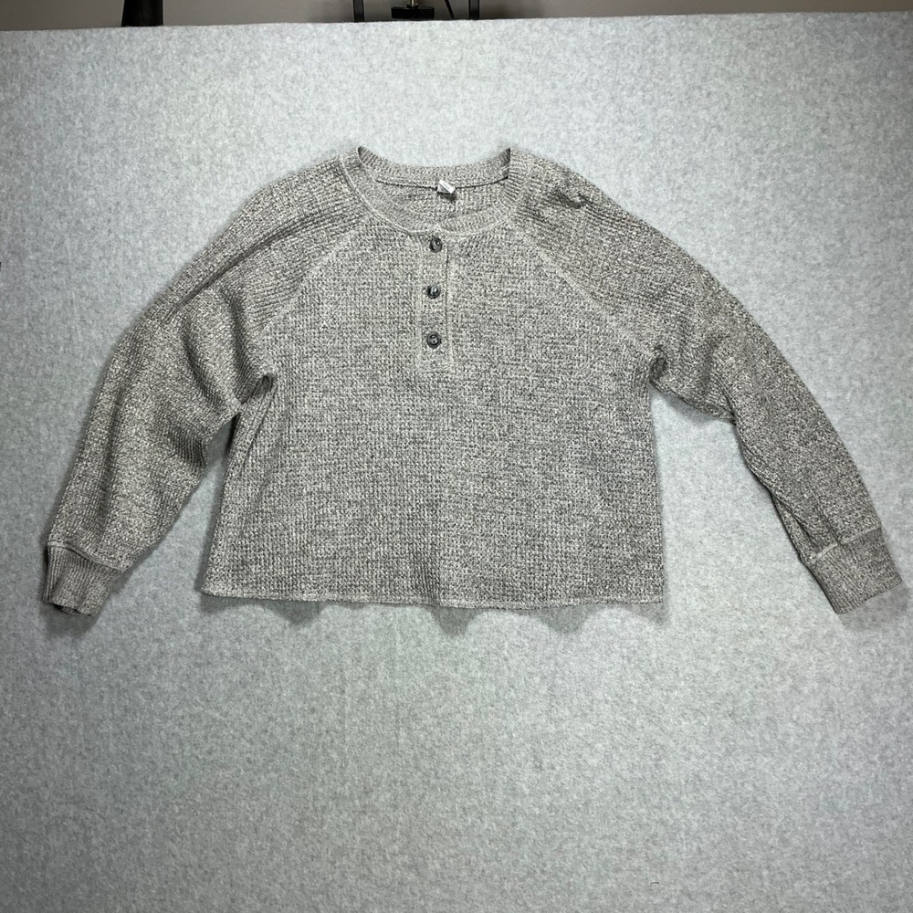 Old Navy Plush cropped Henley Sweater Gray Waffle Knit Raglan Sleeve Womens L